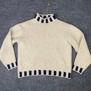 Irelands Eye Merino Wool Silk Sweater M Cream Navy Donegal Mock Neck Ireland